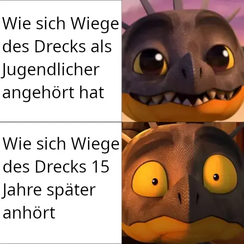 Glücklicher Dinosaurier: "Wie sich Wiege des Drecks als Jugendlicher angehört hat." Verängstigter Dinosaurier: "Wie sich Wiege des Drecks 15 Jahre später anhört."