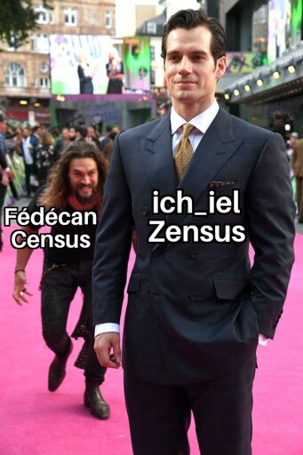 Jason Momoa schleicht sich an MaiMai. Text vorne: ich_iel Zensus, Text hinten: Fédécan Census