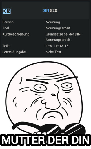 Screenshot mit Krzangaben über die DIN 820, die DIN zu Grundsätzen der Normierungsarbeit, darunter das "Mother of God"-Rage Face mit der Bildunterschrift "Mutter der DIN".