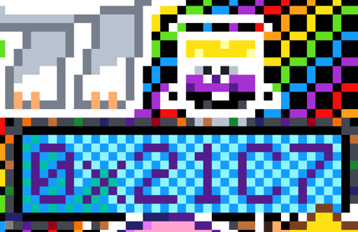 A more finished pixel art depiction of a sentient jar, with fluid inside representing the non-binary flag. It's outlines are white on a black rainbow background. It stands on a sign that reads "0x2107", next to the legs of an off screen duck-pony.