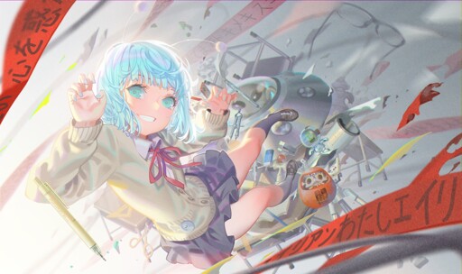 a dynamic drawing of a short-haired alien Hatsune Miku shifting gravity in a classroom; alien Miku is diving toward us, and the room is full of floating objects like desks, school supplies, long red banners, a kendama, a daruma, a telescope, a large flying saucer with a different kind of alien inside, a Nintendo Game Boy, and a Kerbal astronaut from Kerbal Space Program