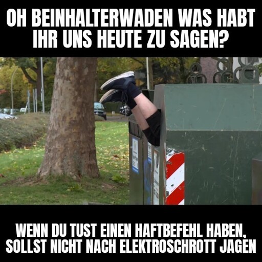 Nur die nackten Waden und Schuhe schauen aus einem Beinhalter für Elektroschrott hervor. Dazu der Text: Oh Beinhalterwaden was habt ihr uns heute zu sagen? Wenn du tust einen Haftbefehl haben, sollst nicht nach Elektroschrott jagen