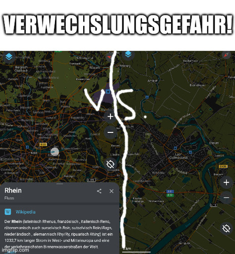 Text: Verwechslungsgefahr!
Darunter zwei Screenshots von Landkarten aus OpenStreetMap, einmal vom Fluss Rhein, einmal von der Stadt Leer (Ostfriesland).