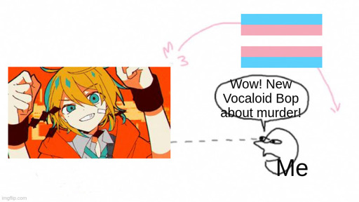 A face with "Me" under it looking at the Thumbnail of the Song Ego Renegade Boy with a speech bubble above the face saying "Wow! New Vocaloid Bop about murder!" as the Transgender Flag flies over the face
