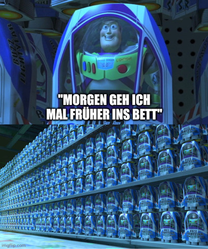 Buzz Lightyear Figur mit dem Text "Morgen geh ich mal früher ins Bett". Darunter ein Regal mit dutzenden weiteren Figuren.