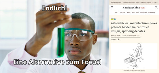 Endlich! Eine Alternative zum Focus - Wissenschaftler mit Reagenzglas, Patent für Klo im Autositz
