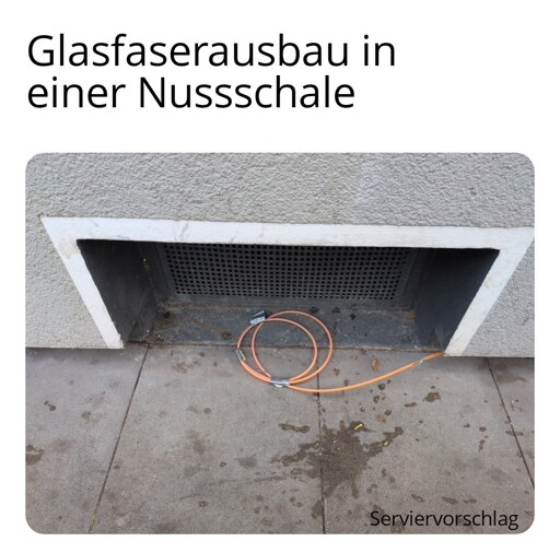 Maimai-Text: Glasfaserausbau in einer Nussschale. Darunter ein Bild von einer auf dem grauen Bürgysteig liegenden orangenen Glasfaserleitung vor einem vergitterten grauen Kellerfenster. Davor sind Reste eines Kotzflecks zu erkennen. Unten rechts der Text: Serviervorschlag