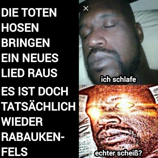 Schlafender Shaq-Meme. Neben dem schlafenden Shaq steht der Text: "Die Toten Hosen bringen ein neues Lied raus", neben Shaq mit leuchtende  Augen steht der Text: "Es ist doch tatsächlich wieder Rabaukenfels"