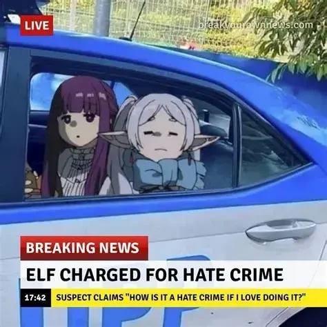Breaking nows: Elf (Frierien) charged for hate crime. Suspect caims "How is it a hate crime if I love doing it?"