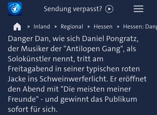 Tagesschauartikel in dem Danger Dan ins "Schweinwerferlicht" tritt"