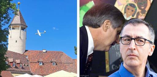 Auf dem linken Bild ein Segelflieger der hinter der Burg Teck vorbeifliegt. Es sieht aber ein wenig so aus, als würde er in den Turm fliegen. Auf der rechten Seite das Meme auf dem George W. Bush gesagt wird, dass die USA angegriffen werden, aber das Gesicht von Bush ist durch das von Cem Özdemir ersetzt.