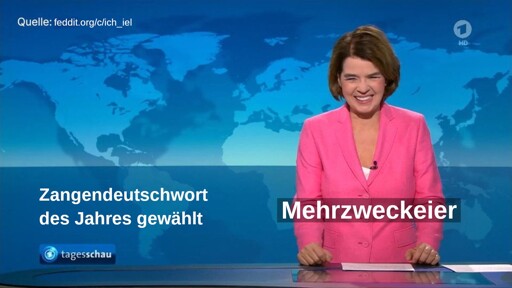 Foto von Susanne Daubner, die lachend im Tagesschau-Studio steht. Links oben steht: Quelle: feddit.org/c/ich_iel. Das Thema der Sendung steht unten links: Zangendeutschwort des Jahres gewählt. Auf einer Bauchbinde unterhalb von Susanne Daubner steht Mehrzweckeier.