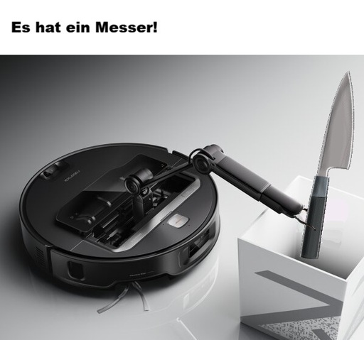 Staubsaugerroboter, mit Arm hält ein Messer!