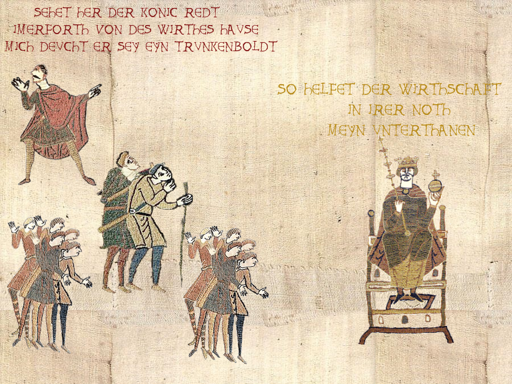 König: So helfet der wirthschaft in irer noth meyn unterthanen - Untertan: Sehet her der könic redt immerforth von des wirthes hause mich deucht er sey eyn trunkenboldt