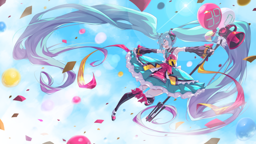 a drawing of Hatsune Miku in her Magical Mirai 2018 dress flying in a bright sky among party balloons and confetti; her giant teal-to-lavender twintails are each as long as two Mikus, floating and curling around some distance from her sides; she is holding a megaphone on a microphone stand with two balloons with the numbers 39 and 01 printed on them