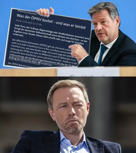 Robert Habeck präsentiert das Bild einer Studie, die besagt, dass ÖPNV pro investiertem Euro drei einnimmt. Christian Lindern betrachtet ihn kritisch.