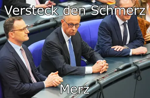 Friedrich Merz nachdem bekannt gegeben wurde, dass er die Wahl zum Bundeskanzler verloren hat. Text: Versteck den Schmerz, Merz.