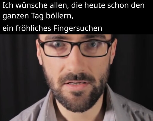 Titel: "Ich wünsche allen, die heute schon den ganzen Tag böllern, ein fröhliches Fingersuchen" Bild: Vsauce, wie er in die Kamera guckt (Aus dem "Where are your fingers" meme)