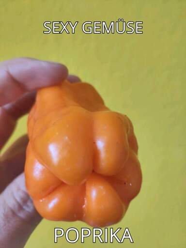 Das Bild zeigt eine Paprika, die von unten so gewachsen ist dass sie aussieht wie ein Hintern.

Text: Sexy Gemüse: Poprika