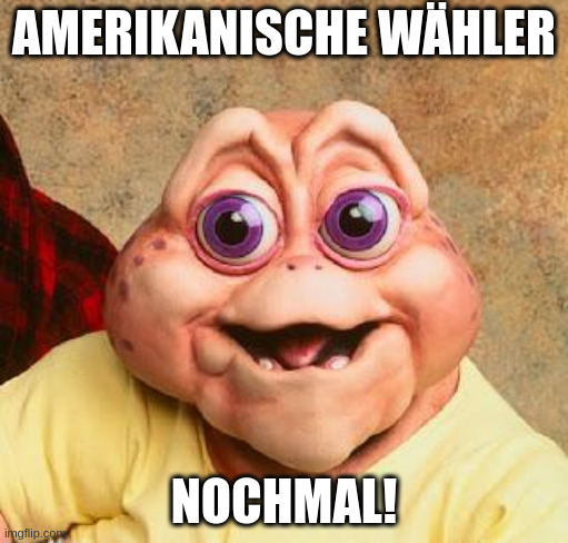 dinos baby als amerikanischer wähler sagt "nochmal!"