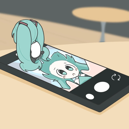 small miku crawling onto a smartphone and taking a selfie