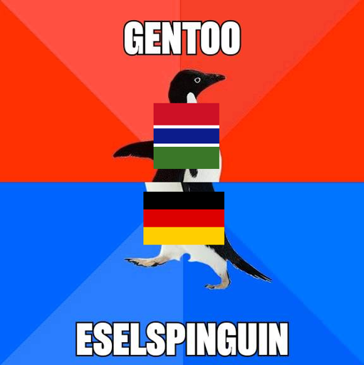 the word gentoo in gambia means Eselspenguin in german which means goat penguin and i instantly made a meme about it