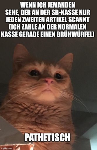 Bild einer Katze von unten fotografiert. Die Katze schaut herab in Richtung Kamera und sieht durch die Perspektive sehr groß aus.

Text oben: Wenn ich jemanden sehe, der an der SB-Kasse nur jeden zweiten Artikel scannt (Ich zahle an der normalen Kasse gerade einen Brühwürfel)

Text unten: Pathetisch