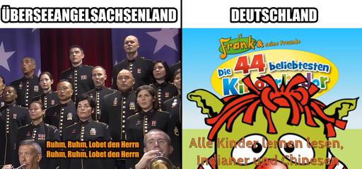 links: ÜBERSEEANGELSACHSENLAND ein Chor mit zwei Trompetern die Schlachthymne der Republik singend; rechts: DEUTSCHLAND komisches Wesen mit Alle Kinder lernen Lesen