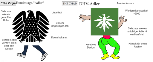 "Virgin vs. Chad"-Meme mit Bundestagsadler & dem Adler des deutschen Hanfverbandes